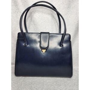 Vintage 1970s Navy Blue Handbag Unique Brass Locking Closure Fold Over Closure